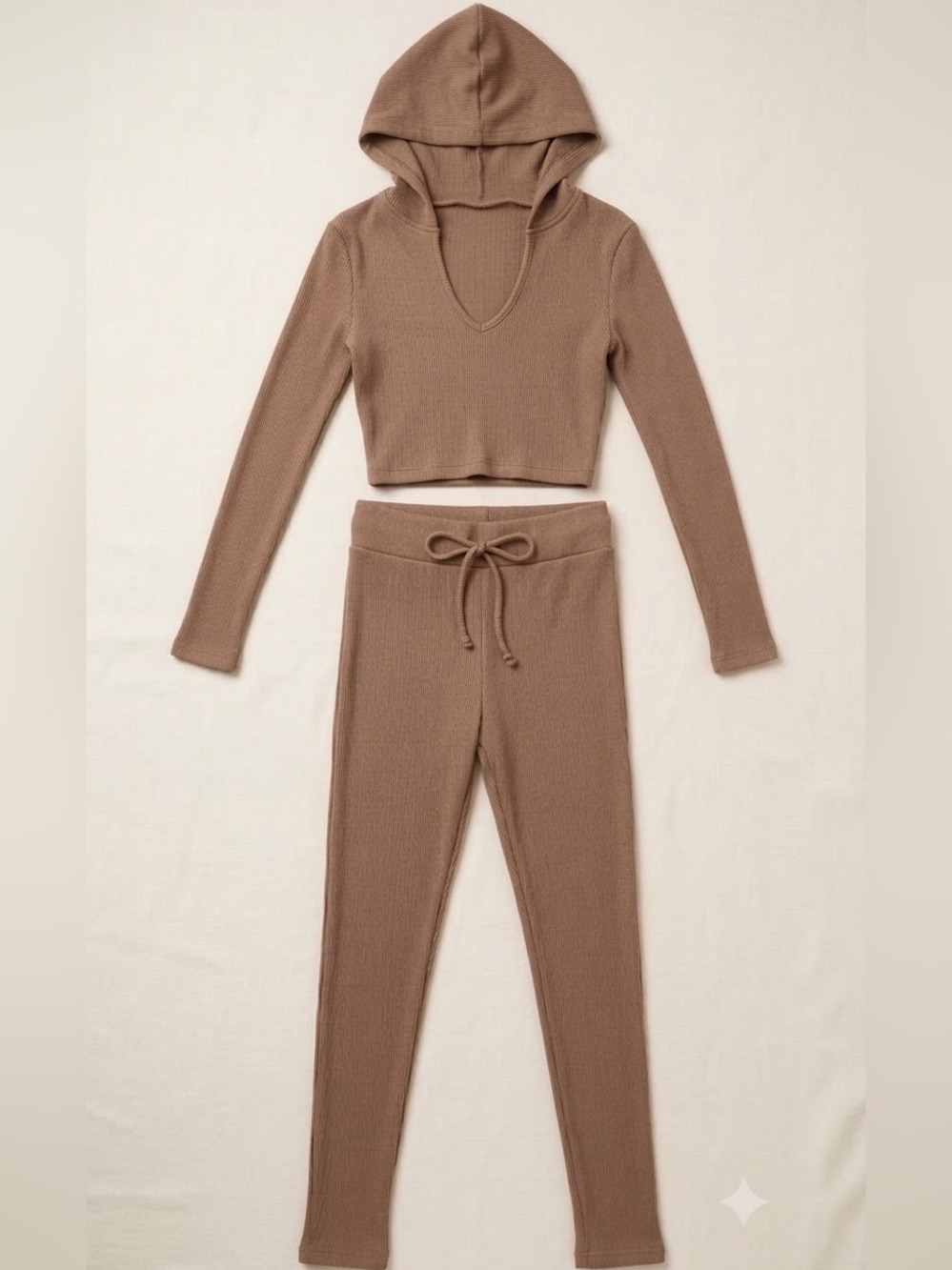Fashion Nova Ribbed Cropped Hoodie & Drawstring Leggings Set in Taupe